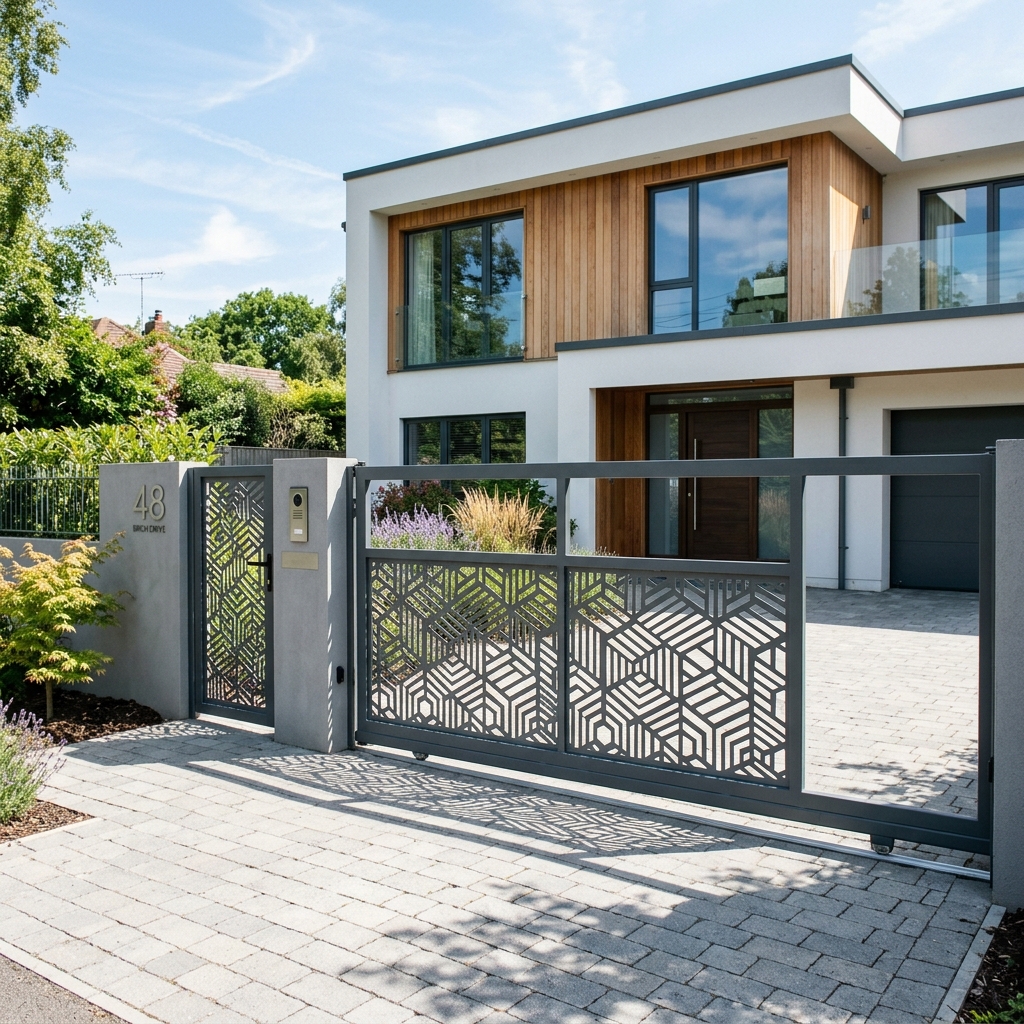 Portail coulissant moderne avec décors découpés laser